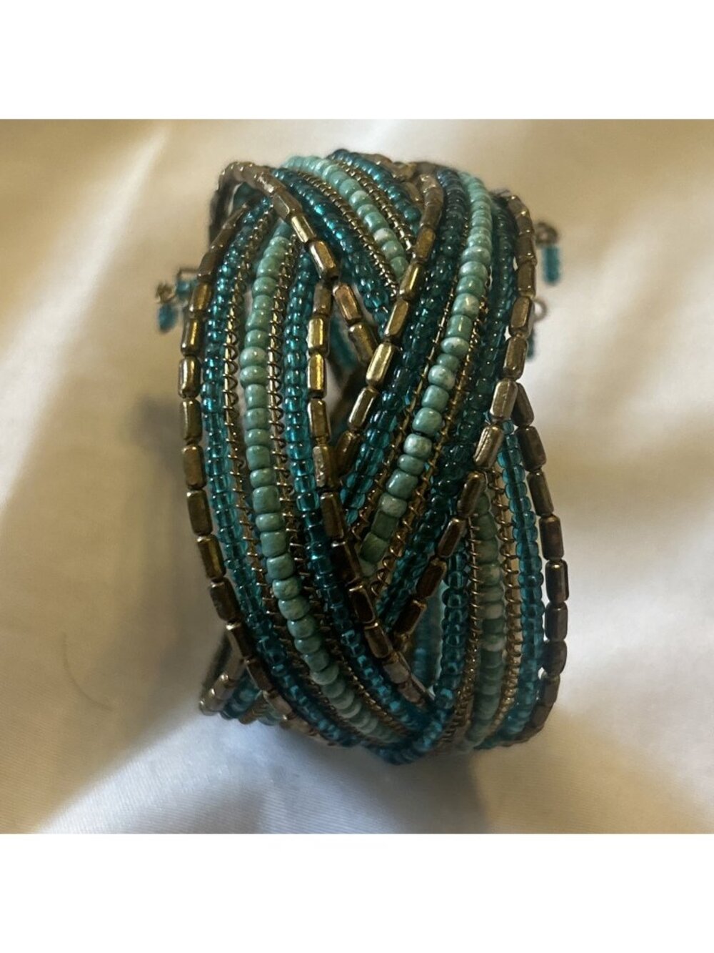 Boho Artisan Retro Teal & Copper Color Beaded Wire Coil Cuff Bracelet Adjustable